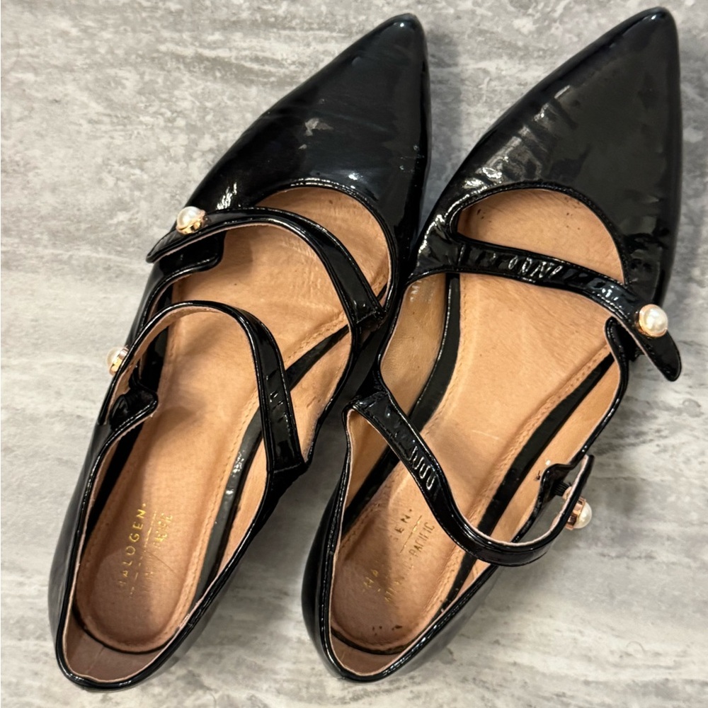 Halogen Black Patent Pointed-Toe Mary Jane Flats with Pearl Buttons